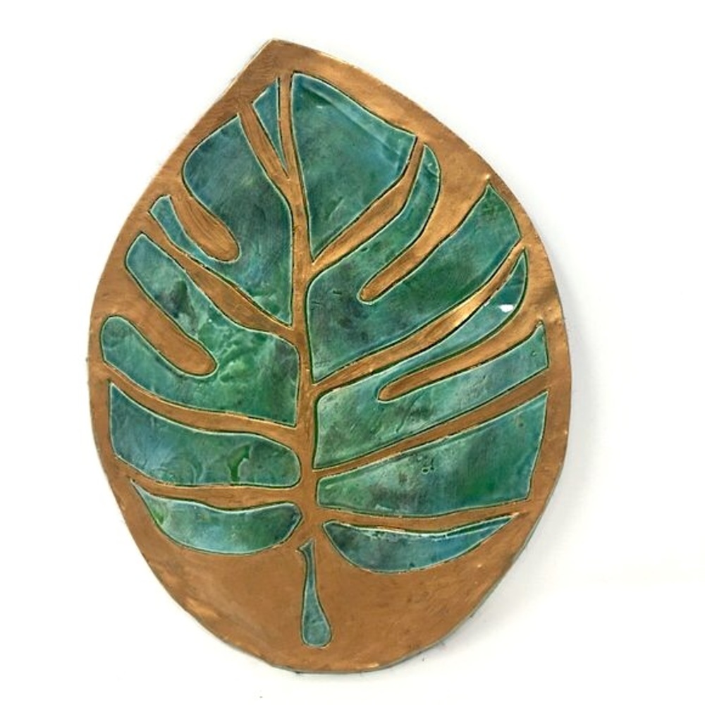 Handmade Ceramic Green and Gold Monstera Leaf Large Tray Coaster